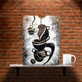 Mysterious Brew - Canvas - Main image where the product is placed on a shelf against a brick wall, next to a mug - Cafetitude Wall Art
